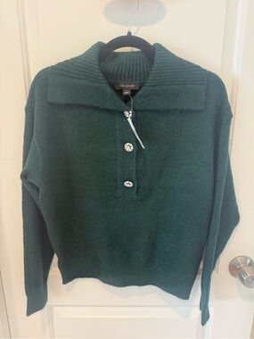 Ann Taylor Dark Green Collar Sweater with Crystal Buttons